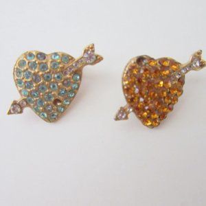 Pair of vintage gold blue heart and arrow pins